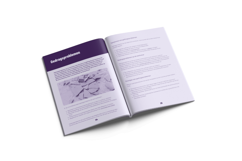 Open brochure over gedragsproblemen met uitleg en voorbeelden in paarse huisstijl