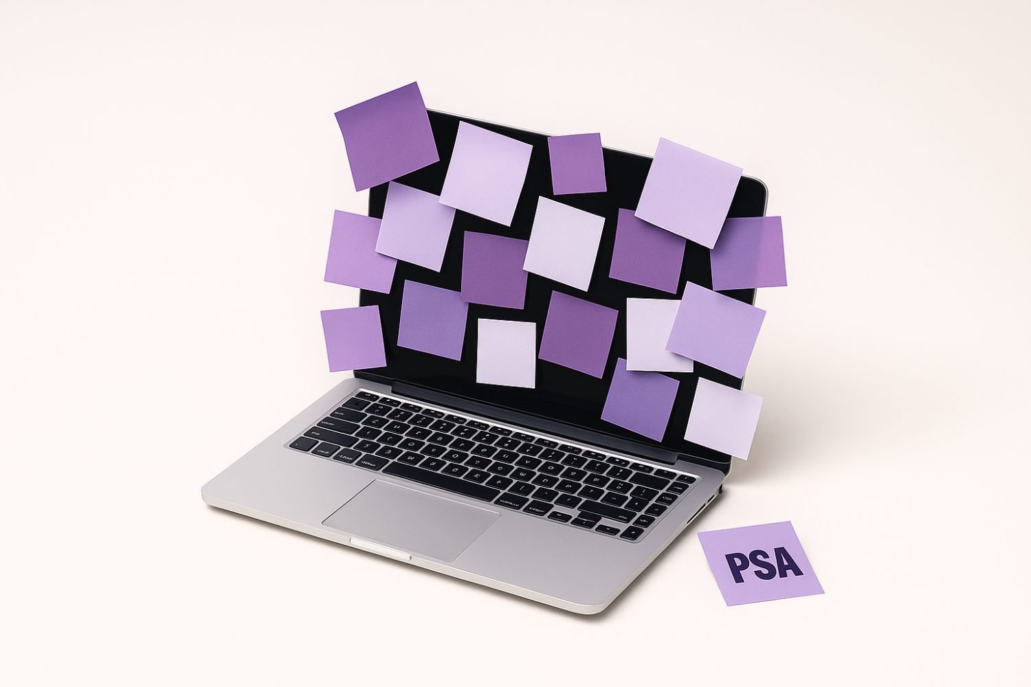 Laptop met paarse post-its als visualisatie van PSA en mentale belasting op de werkvloer