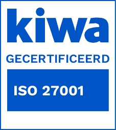 Kiwa Gecertificeerd-logo met de tekst 'ISO 27001', waarmee wordt aangegeven dat de organisatie is gecertificeerd volgens de ISO 27001-norm voor informatiebeveiliging.