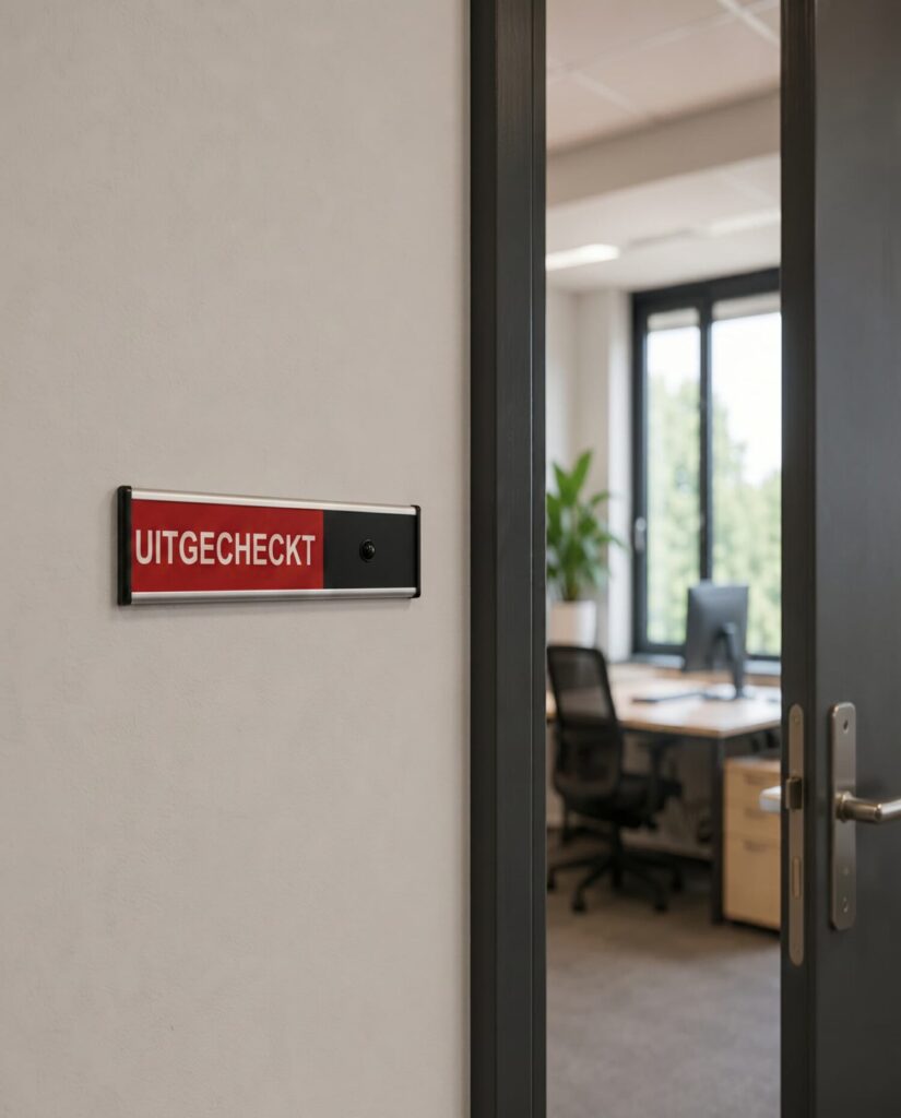 Kantoordeur met naambordje waarop 'UITGECHECKT' staat, met een lege kantoorruimte op de achtergrond