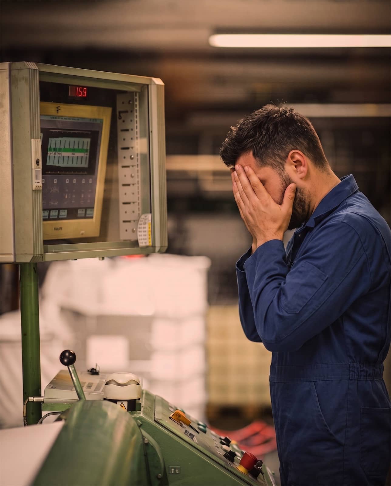Productiemedewerker in blauwe overall staat met handen voor het gezicht naast een industriële machine in een fabriek